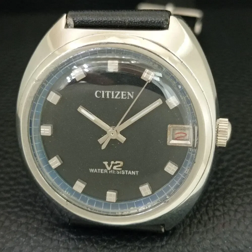 Vintage 1983 Citizen Manual Wound Mens Silver Watch W/Date & Black accents
